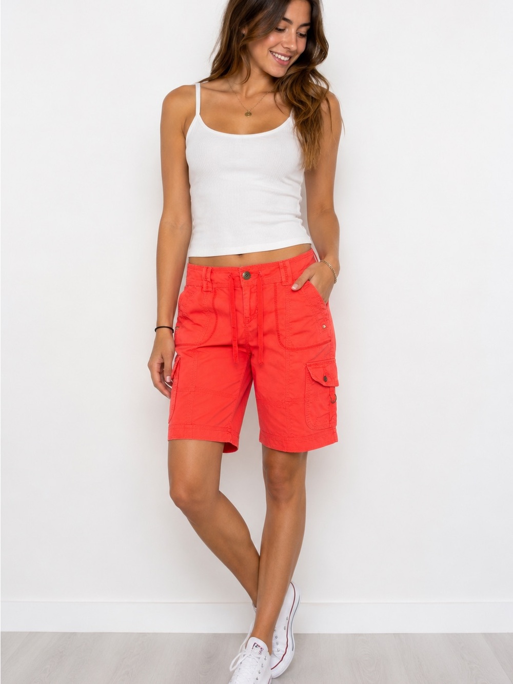 LEI Women's 13 Cargo Shorts in Coral orange 13 utility outdoor summer